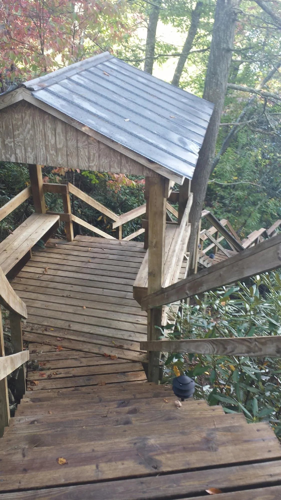 Metal roofed shelter over wooden steps on a wooded walkway — Skylight Repair & Installation work by our crew in Hallam